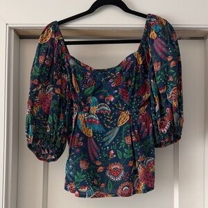 FARM Rio Navy Floral & Bird Puff-Sleeve Blouse